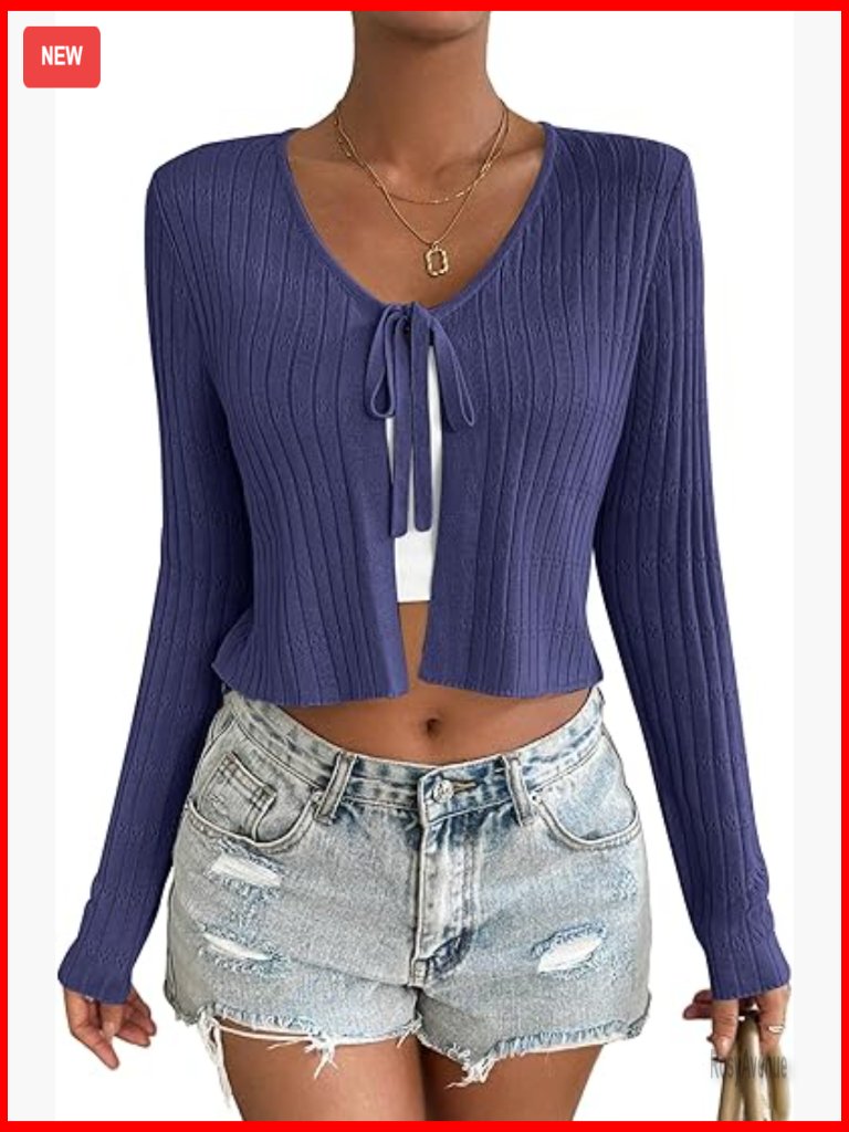 Tie Front Crop Cardigan Long Sleeve Knit Shrug Sweater
